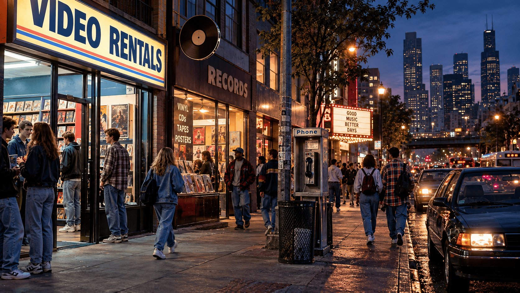 1990s city nightlife with video rental store, record shop, pay phone, vintage cars and casual youth fashion