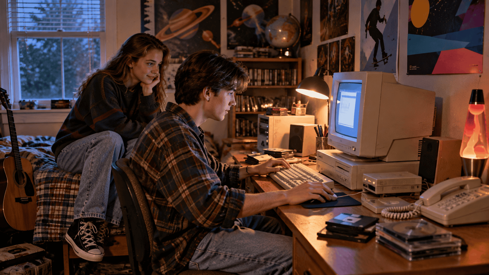 1990s bedroom with beige CRT computer, dial-up internet setup, CDs, floppy disks, telephone and grunge-era youth fashion